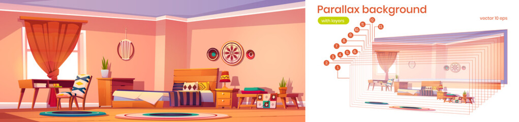 Obraz premium Bedroom in boho style with bed, desk, chair, round carpets and macrame decoration on wall. Vector parallax background for 2d animation with cartoon bohemian interior with wooden furniture