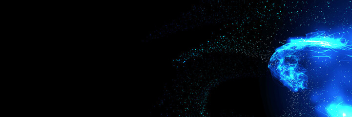 blue glowing abstraction on a black background. space abstraction long banner