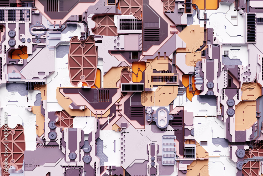 Poster 3d illustration of a pattern in the form of a metal, technological plating of a spaceship or a robot