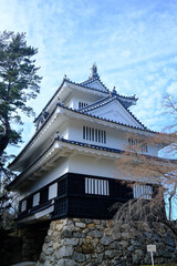 Panorama of Okazaki castle in winter season with blue sky background and tree