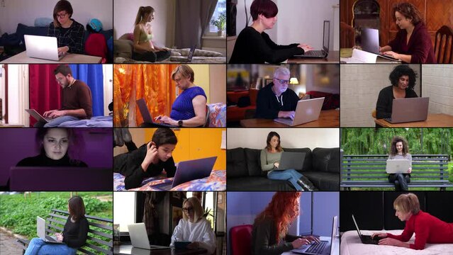 Multiscreen: people using personal computers, laptop at work. Remote working concept