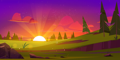 Hills with green grass, conifers and sun on horizon at sunset. Vector illustration of summer or spring landscape of meadow or pasture with plants, trees and stones at evening © klyaksun