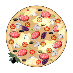 Bright, appetizing pizza with sausage, olives, tomatoes, basil, mushrooms and cheese, isolated on a white background.Vector illustration can be used in the designs of restaurants, pizzerias.