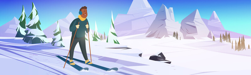 Man rides on ski on snow slope in mountains. Vector cartoon illustration of winter landscape with snowy downhill, trees, rocks and black skier person with sticks
