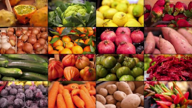 Colorful fruit and vegetables in a market in southern Italy. Different fruits and vegetables, colored composition