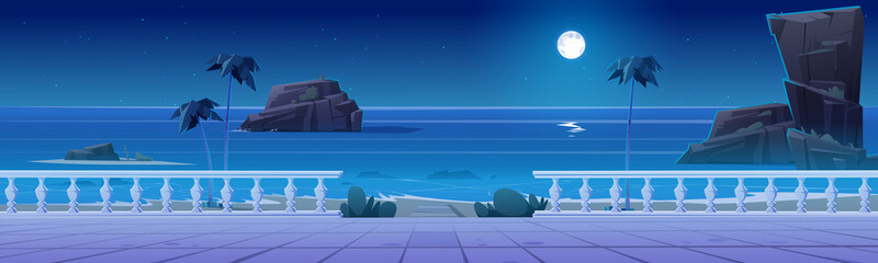 Summer seafront on tropical beach at night. Ocean shore landscape with empty promenade, rocks in water and moon in sky. Vector cartoon illustration of quay with white balustrade and palm trees