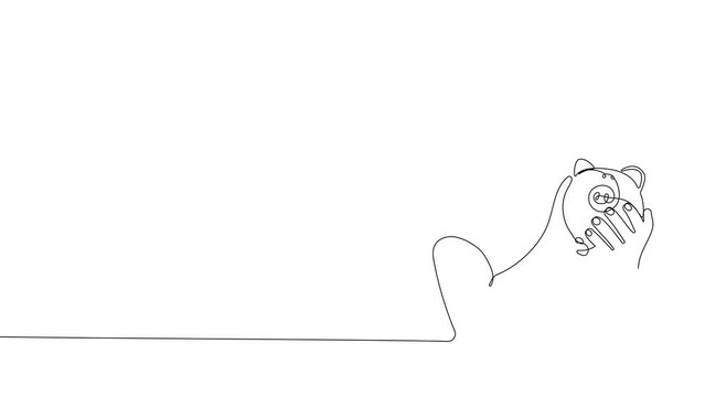 4k animated self drawing of continuous line drawing of Teach child girl to save money in piggy bank to manage finances save money spend earnings with economy plan family budget