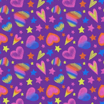 Heart, star colorful seamless pattern on violet. Valentine's day, romantic, love repeat print. Hand drawn with color pencil rainbow hearts design.