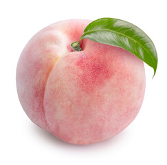 White Peach fruit with leaf isolated on white background, Fresh Peach on White Background With...
