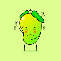 cute mango character with thinking expression, one hand on head and close eyes. green and orange. suitable for emoticon, logo, mascot