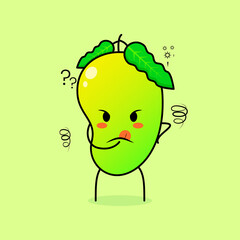 cute mango character with thinking expression and hand placed on chin. green and orange. suitable for emoticon, logo, mascot