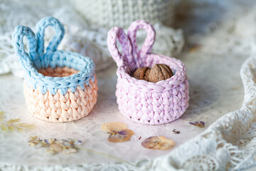 crochet Baskets with ears for the home of cord and knitted yarn