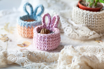 crochet Baskets with ears for the home of cord and knitted yarn