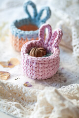 crochet Baskets with ears for the home of cord and knitted yarn
