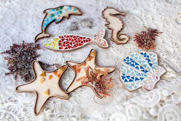 Wooden molds for mosaics in the form of marine life - dolphin, starfish, shells, fish, seahorse, mosaic glass