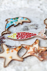 Wooden molds for mosaics in the form of marine life - dolphin, starfish, shells, fish, seahorse, mosaic glass