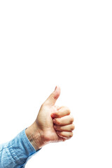 Hand showing thumb up sign against isolated on white background