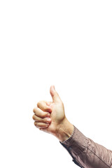 Hand showing thumb up sign against isolated on white background