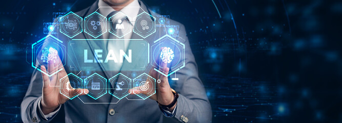 Lean, Six sigma, quality control and manufacturing process management concept on virtual screen.
