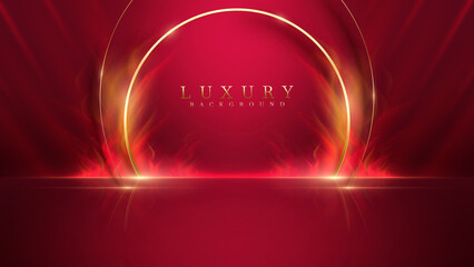 Stage for display products and golden curve line elements with glitter light effect decoration and flame with bokeh. Red luxury style background.
