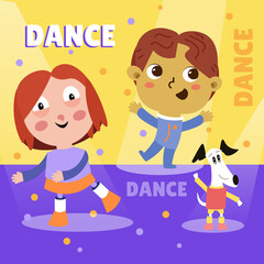 Cute kids and dancing pets. Characters in cartoon style with background. Vector full color illustration for design.