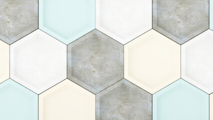 3D render abstract pattern set of modern hexagon cement tile in pastel color white, grey, yellow and blue. Background, Rough, Concrete, Style, Design, Combination colors, Ceramic.