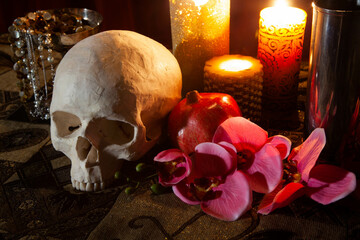 Still Life vanitas of Dramatic skull and pink orchid flowers with candles and jewelry 