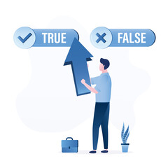 Choosing the right option, solving problem. True and false - signs or buttons. Businessman with big arrow selected right answer, difficult decision. Survey or online voting.