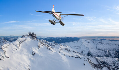 Fototapeta na wymiar Seaplane flying over the Rocky Mountains. 3d Rendering Airplane Adventure Artwork. Aerial Image from British Columbia, Canada.
