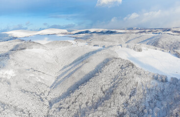 Fototapeta na wymiar aerial landscape with snowy forests on the Calimani mountains
