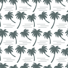 Fototapeta na wymiar Palm monochrome silhouette. Seamless vector pattern for design, packaging, fabric, wallpaper. Print with palm trees, waves and circles on a blue background.