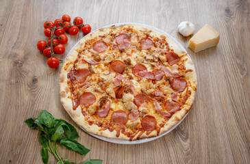 pizza with chicken breast, mozzarella, salami and white sauce