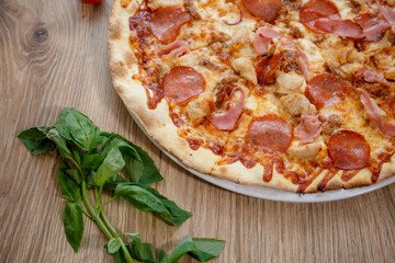 pizza with chicken breast, mozzarella, salami and white sauce