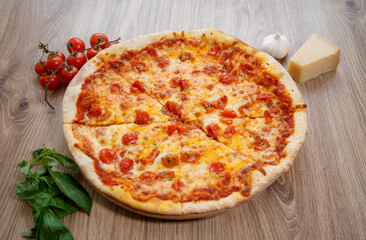 pizza quatro formaggi and cherry tomato