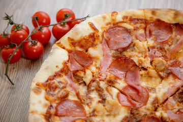 pizza with chicken breast, mozzarella, salami and tomato sauce
