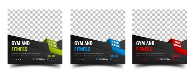 Fitness, gym, and workout social media post design template. Editable modern square banner with place for the photo. Usable for social media post, banner, and web