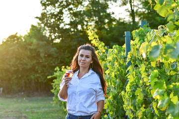 Young beautiful smiling woman  sitting with a cat in  a Vineyard with a glass of  rose wine. Woman playing with cat during the summer vacation