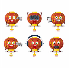 Red chinese lamp cartoon character are playing games with various cute emoticons