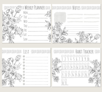 set of bullet journal template design with hand drawn illustration of flower bouquet, for weekly planner, notes, list, habit tracker
