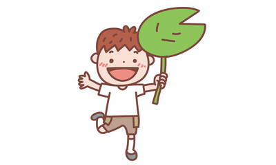 ハスの葉っぱを傘がわりにする男の子