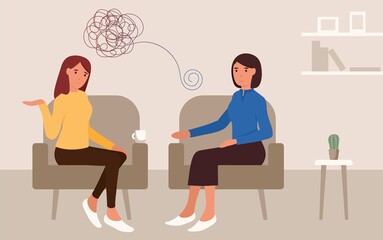 Mental treatment problems psychology concept. Young woman talking with a psychologist. Doctor help pattient. Psychological counseling and therapy. Couch consultation. flat illustration.