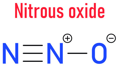 Nitrous oxide or NOS, laughing gas, N2O molecule. Used in surgery as analgesic and anesthetic drug, and also as oxidizer in rocket motors and combustion engines. Skeletal formula.