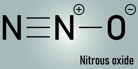 Nitrous oxide or NOS, laughing gas, N2O molecule. Used in surgery as analgesic and anesthetic drug, and also as oxidizer in rocket motors and combustion engines. Skeletal formula.
