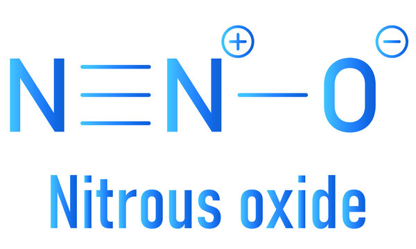 Nitrous oxide or NOS, laughing gas, N2O molecule. Used in surgery as analgesic and anesthetic drug, and also as oxidizer in rocket motors and combustion engines. Skeletal formula.