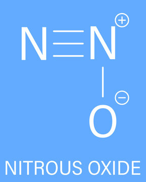 Nitrous oxide or NOS, laughing gas, N2O molecule. Used in surgery as analgesic and anesthetic drug, and also as oxidizer in rocket motors and combustion engines. Skeletal formula.