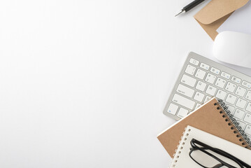 Top view photo of workstation keyboard computer mouse reminders glasses pen and envelope with paper...