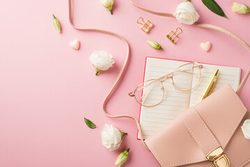 Top view photo of woman's day composition pink leather purse hearts glasses open planner golden pen binder clips white prairie gentian flower buds on isolated pastel pink background with copyspace