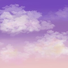 Pink-violet evening sky with white cloud in hand-drawing style