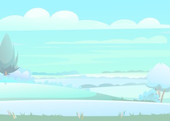 Fog Winter rural landscape with cold white snow and drifts. Beautiful frosty view of countryside hilly plain. Flat design cartoon style. Vector