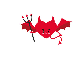 Cute devil or demon heart character icon isolated on white background. Heart with horns, red evil wings, tail, trident. Flat design cartoon clip art vector illustration.